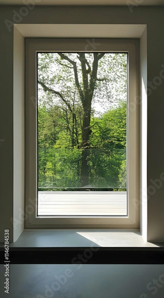 Fototapeta A window view showcasing lush greenery and a tree, promoting a serene indoor-outdoor connection.