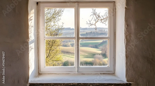 Fototapeta A serene view from a window showcasing rolling hills and greenery.