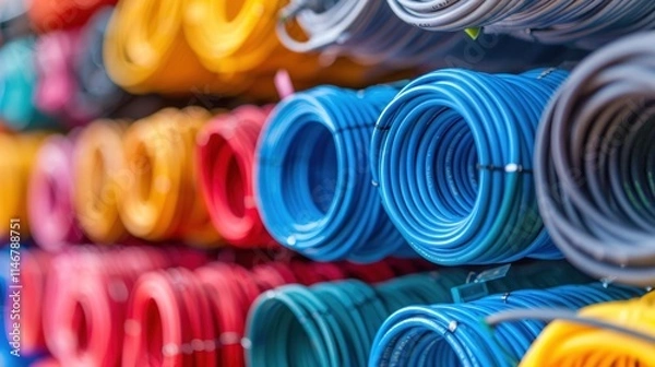 Fototapeta Colorful Rolls of Cables and Wires in a Hardware Store