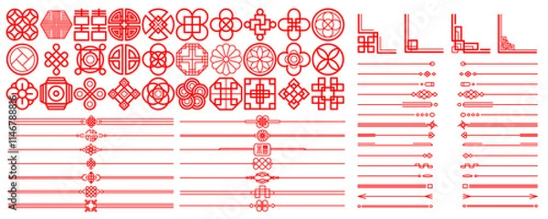 Obraz Pattern Chinese. Frame ornament, line Korean. Icon element decor Japanese style, knot Asian border. Shape geometric design. Isolated decorative under lines and circles. Vector oriental outline graphic