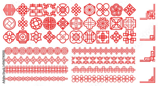 Fototapeta Chinese frame. Japanese icon. Asian pattern. Square oriental border. Line creative background. Geometric invitation divider. Graphic red Asia symbols. Flower and lantern. Vector ornament shapes set