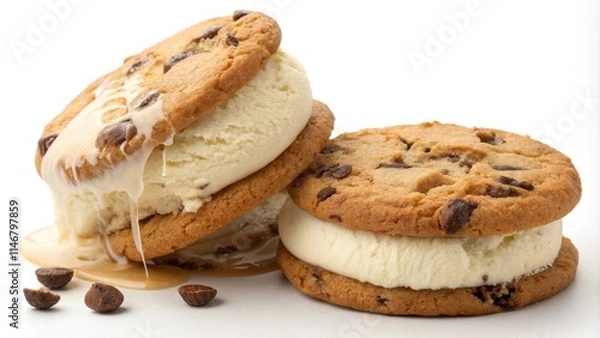 Fototapeta A Melted Ice Cream Sandwich with Chocolate Chip Cookies and Drizzled Caramel Sauce