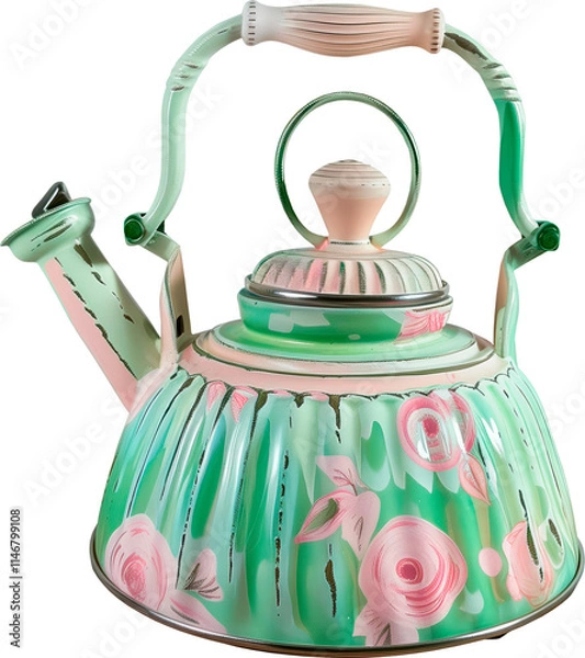 Obraz Green and pink tea kettle with a floral design