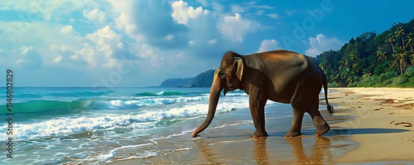 Obraz Elephant standing on a beach with its trunk hanging, showcasing majestic wildlife against a natural coastal landscape.