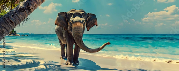 Obraz Elephant standing on a beach with its trunk hanging, showcasing majestic wildlife against a natural coastal landscape.