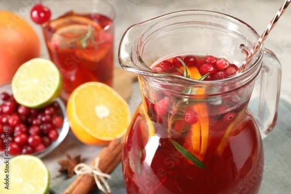 Obraz Tasty punch drink in glass jug and ingredients on table, closeup