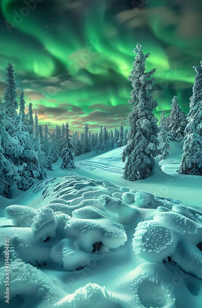 Obraz Emerald aurora lights illuminating snowy hills under a starry sky, capturing the beauty of winter landscapes and natural phenomena.
