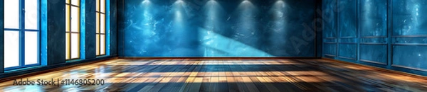 Obraz Empty room with blue walls and wood floors, minimalist interior design with a clean and modern aesthetic.
