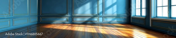 Obraz Empty room with blue walls and wood floors, minimalist interior design with a clean and modern aesthetic.