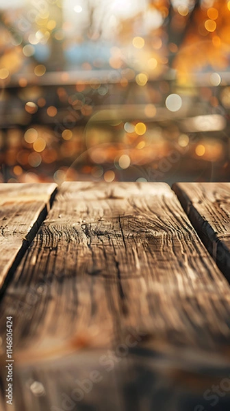 Obraz Empty textured wooden table with a blurred background, perfect for showcasing food or product photography with a rustic feel.