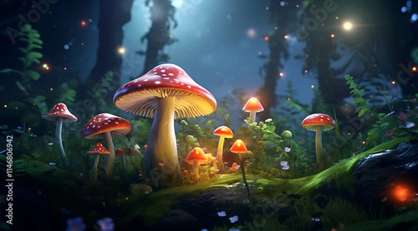 Obraz Enchanted fairytale mushrooms in a dreamy forest, magical fantasy concept with glowing elements and mystical atmosphere.