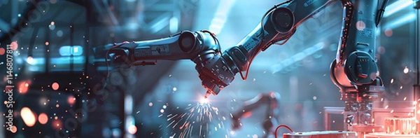Fototapeta Engineer checking and controlling welding robotics, advanced automation technology in the field of industrial robotics and engineering.