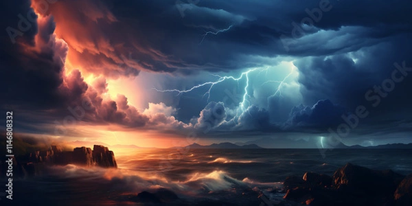 Obraz Evening thunderstorm over the sea coast, dramatic skies and turbulent waters, creating a powerful natural scene.