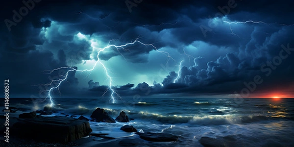 Obraz Evening thunderstorm over the sea coast, dramatic skies and turbulent waters, creating a powerful natural scene.