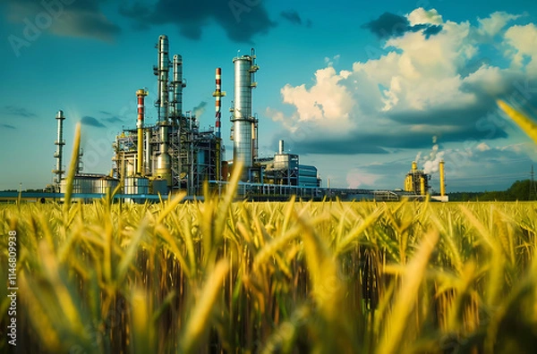 Obraz Factory on the background of a wheat field, representing industrial production against a natural rural landscape.