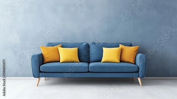 Fototapeta A blue couch with vibrant yellow pillows in a minimalistic room with a plain wall backdrop