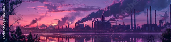 Obraz Factory with smoke stacks shown at sunset, giving a powerful industrial scene with environmental impact.