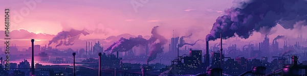 Obraz Factory with smoke stacks shown at sunset, giving a powerful industrial scene with environmental impact.