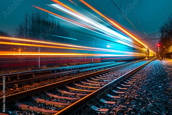 Obraz Fast freight train streaking through the night on a railroad track, creating a dynamic, high-speed scene with motion blur.