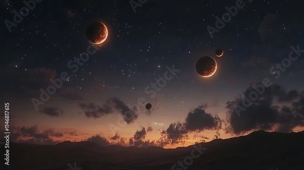 Fototapeta A Celestial Scene of Planets Glowing Against a Vibrant Nebula Backdrop, Perfect for Space Art, Sci-Fi Illustrations, Astronomy Concepts, Futuristic Designs, and Cosmic Fantasy Visuals