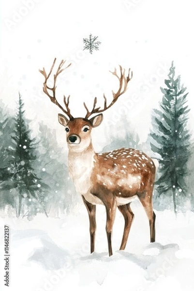 Fototapeta Deer in snow field. Winter theme background template for greeting card design.