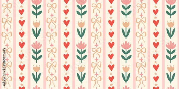 Obraz Seamless patterns with various doodle bows, hearts and flowers. Trendy vertical stripe background. Hand drawn vector illustration. Easter wrapping paper, social media cottagecore banner.