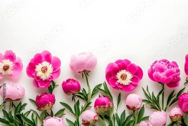 Fototapeta Pink peony flowers arranged in flat lay style, white background, top view, spring floral border.