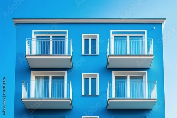 Fototapeta Bright blue house with white balcony under clear blue sky in a serene environment offering a tranquil retreat