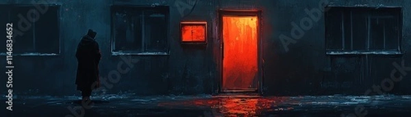 Fototapeta Mysterious figure approaches glowing doorway urban setting digital art night scene mysterious concept