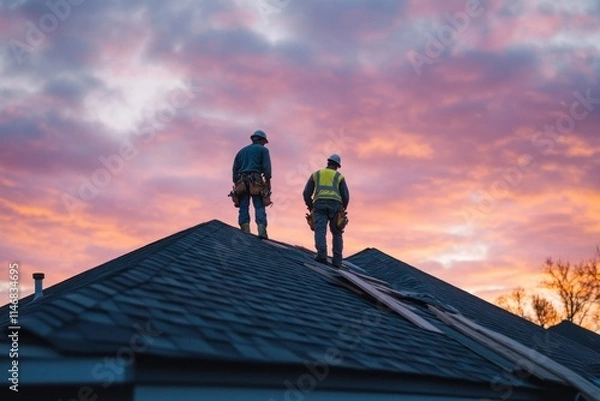 Fototapeta Skilled Roofers Working at Sunset Under a Dramatic Skyline with Colorful Clouds, Showcasing the Craftsmanship and Teamwork in Construction Industry