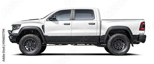 Fototapeta Modern powerful American white pickup truck, side view in png format.