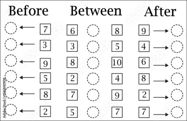 Fototapeta What comes before - between and after, math worksheets for kids.