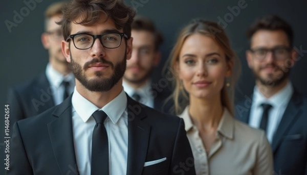 Fototapeta A group of well-dressed professionals stands confidently in a corporate environment, exuding a sense of teamwork and ambition. The image captures a diverse group, with a focus on a man in a suit and a
