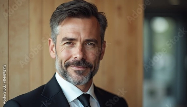 Obraz A distinguished man in a tailored suit stands against a warm wooden backdrop, exuding confidence and professionalism. His charming smile and well-groomed beard reflect a blend of charisma and