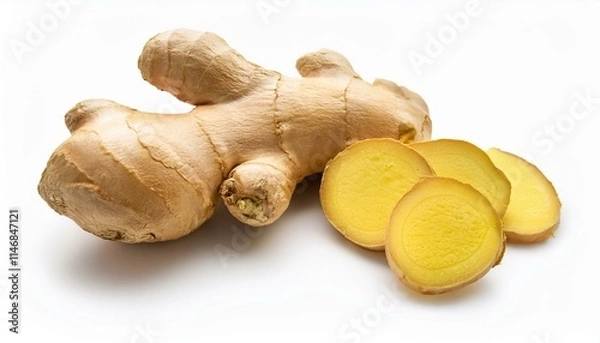 Fototapeta Fresh ginger root with slices, showcasing its vibrant yellow interior against a clean white backdrop.
