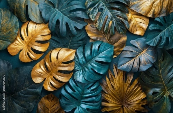 Fototapeta Tropical leaves in vibrant colors arranged artistically for a decorative background