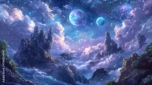 Fototapeta Enchanted Celestial Landscape with Vibrant Nebula and Planets