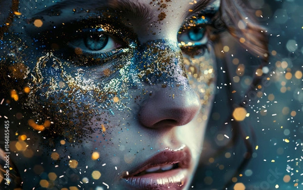 Fototapeta A creative portrait of a woman with glitter makeup, adding a touch of sparkle