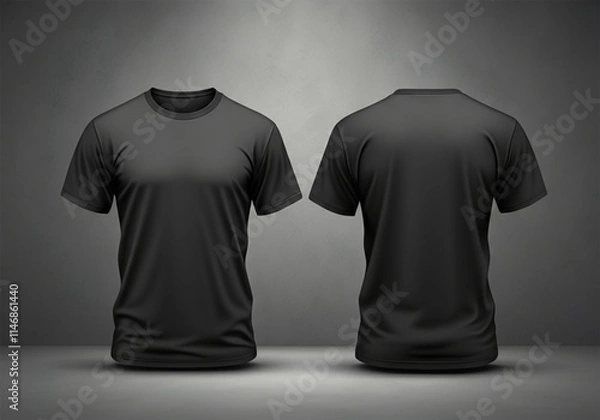 Obraz Front and back views of black t-shirts on a neutral gray background