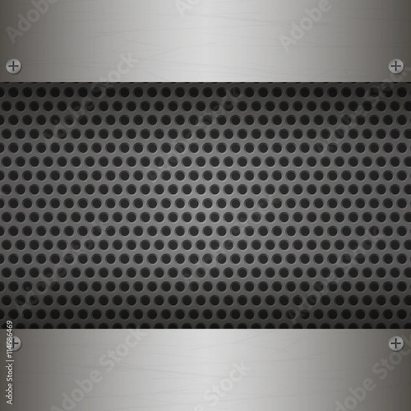 Fototapeta Perforated Metal Background with plates and rivets. Metallic grunge texture. Brushed Steel, iron, aluminum surface template. Abstract techno vector illustration.