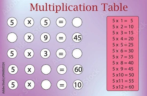 Fototapeta Activity for Multiplication table five. Educational game for kids.