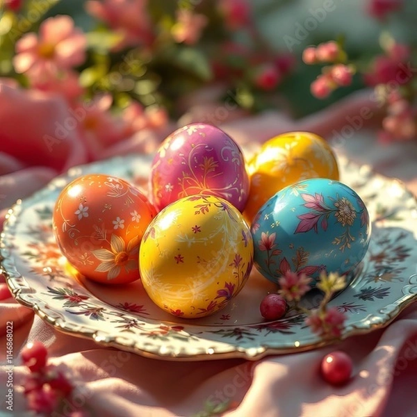 Fototapeta Charming vintage Easter eggs, artfully displayed on a plate.