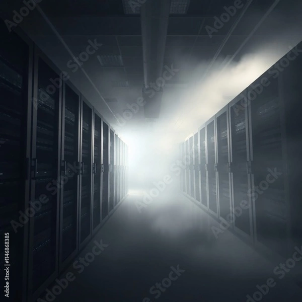 Fototapeta A Modern Enterprise Data Center With Rows of Servers and Glowing Lights, Showcasing Advanced Technology and IT Infrastructure.