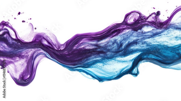 Fototapeta A swirling wave of iridescent paint with hues shifting from deep violet to bright cyan, flowing dynamically and speckled with glossy reflections. Perfectly defined against a clean white background, sm