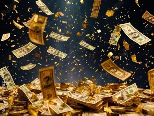 Fototapeta An abstract background full of money, coins, gold and dollar bills falling from sky. Light and confetti on the dark background, 4k wallpaper made by ai.