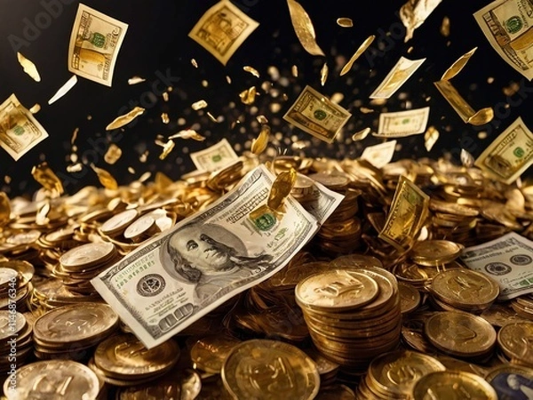 Fototapeta A background of golden dollar bills falling from the sky, with confetti and sparkling lights in the air. The entire scene is filled with gold dust, creating an atmosphere full of wealth and opulence. 