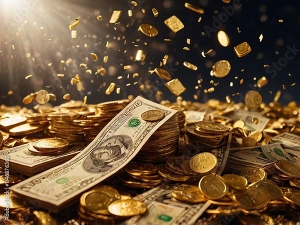 Fototapeta A background of golden dollar bills falling from the sky, with confetti and sparkling lights in the air. The entire scene is filled with gold dust, creating an atmosphere full of wealth and opulence. 
