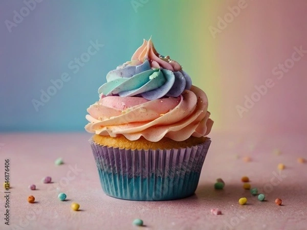 Fototapeta A picture of a super beautiful pastel colors rainbow cupcake, light in the colorful background. High resolution background.