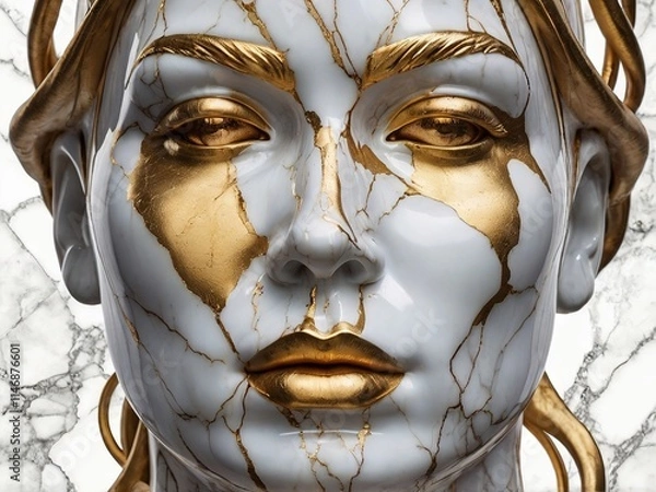Fototapeta A white marble statue of a woman with golden fractures and crack, high resolution. AI Generated.