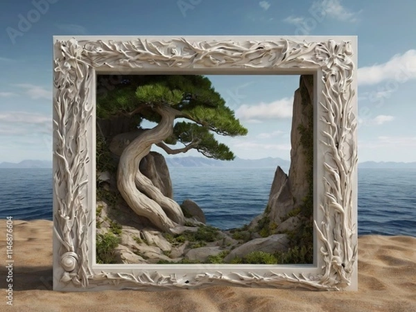 Fototapeta The edge of the plaster picture frame is ornate and three-dimensional, with elaborate carved relief patterns, and the detailed decoration adds depth to its appearance. Super realistic design, high res